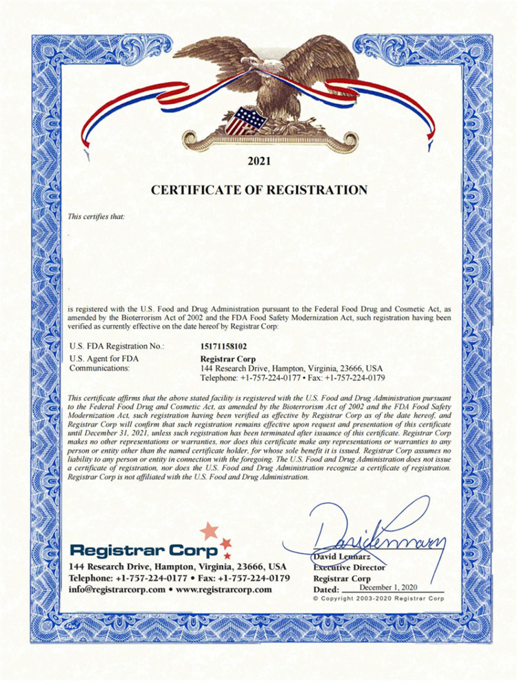 U.S. FDA Registration Certificate certificate